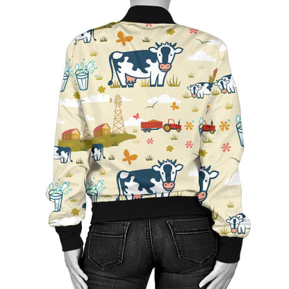 Cow Farm Design Print Women Casual Bomber Jacket
