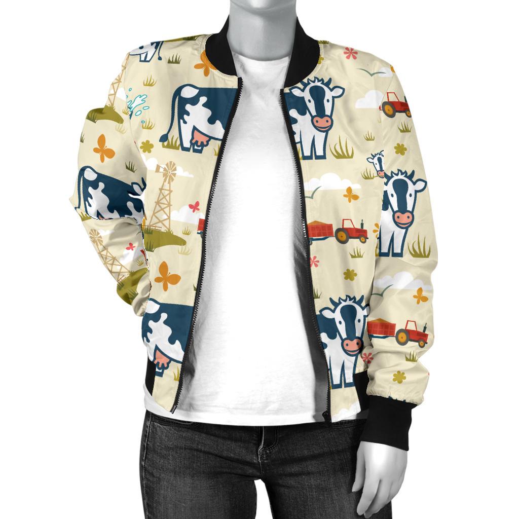 Cow Farm Design Print Women Casual Bomber Jacket