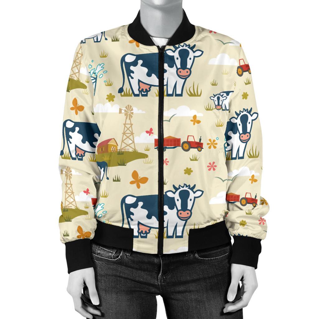 Cow Farm Design Print Women Casual Bomber Jacket
