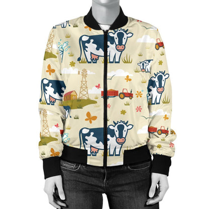 Cow Farm Design Print Women Casual Bomber Jacket