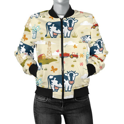 Cow Farm Design Print Women Casual Bomber Jacket