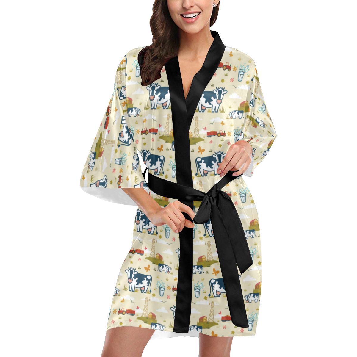 Cow Farm Design Print Women Short Kimono Robe