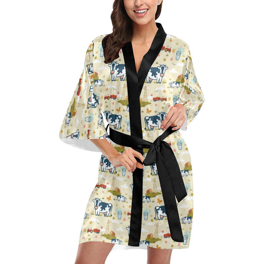 Cow Farm Design Print Women Short Kimono Robe