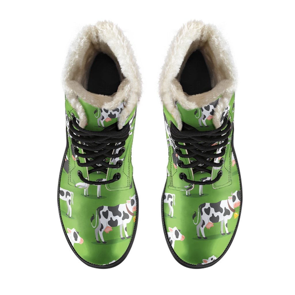 Cow Happy Print Pattern Faux Fur Leather Boots-JTAMIGO.COM