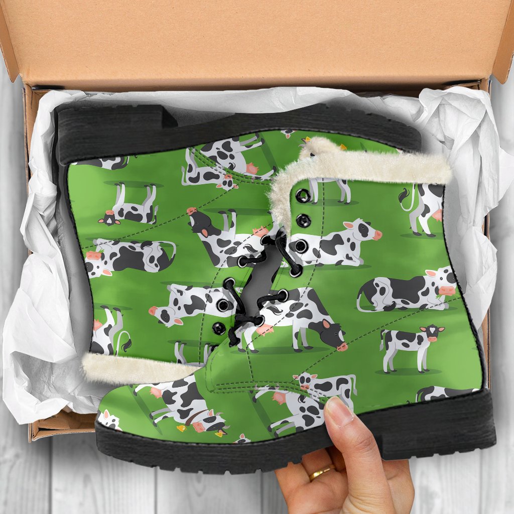 Cow Happy Print Pattern Faux Fur Leather Boots-JTAMIGO.COM