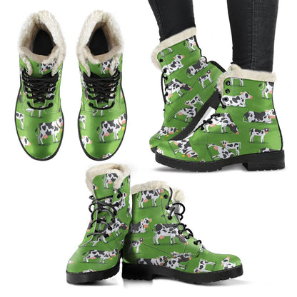 Cow Happy Print Pattern Faux Fur Leather Boots-JTAMIGO.COM