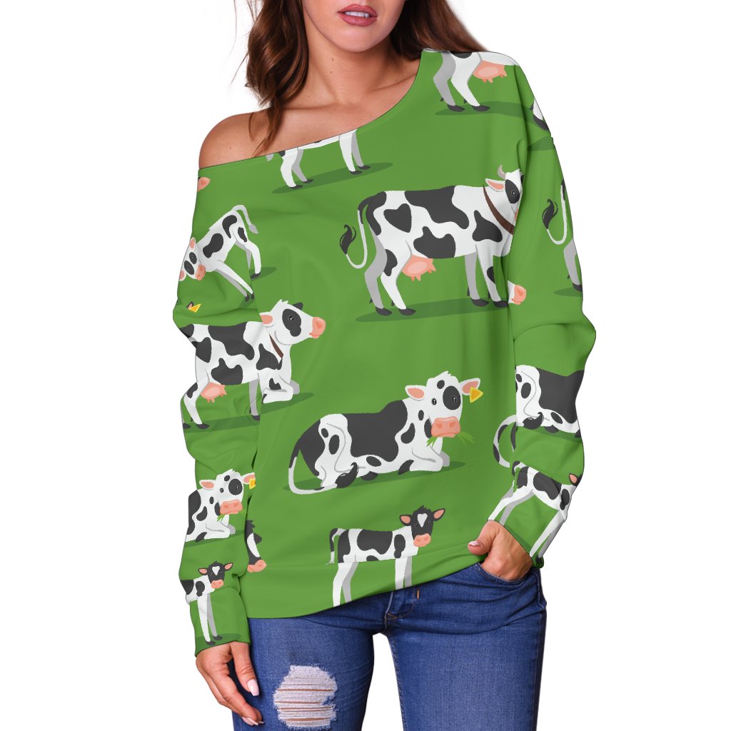 Cow Happy Print Pattern Off Shoulder Sweatshirt