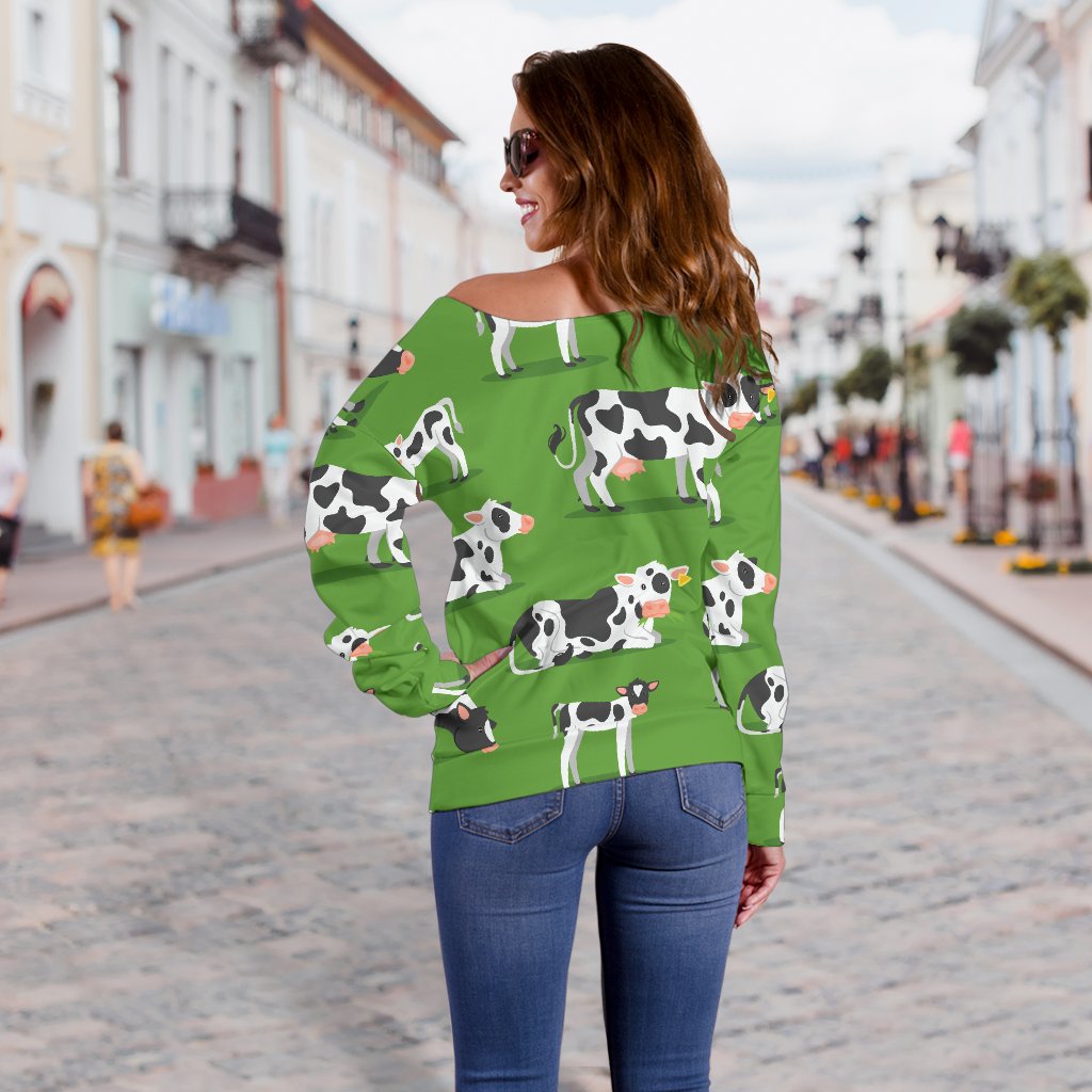 Cow Happy Print Pattern Off Shoulder Sweatshirt