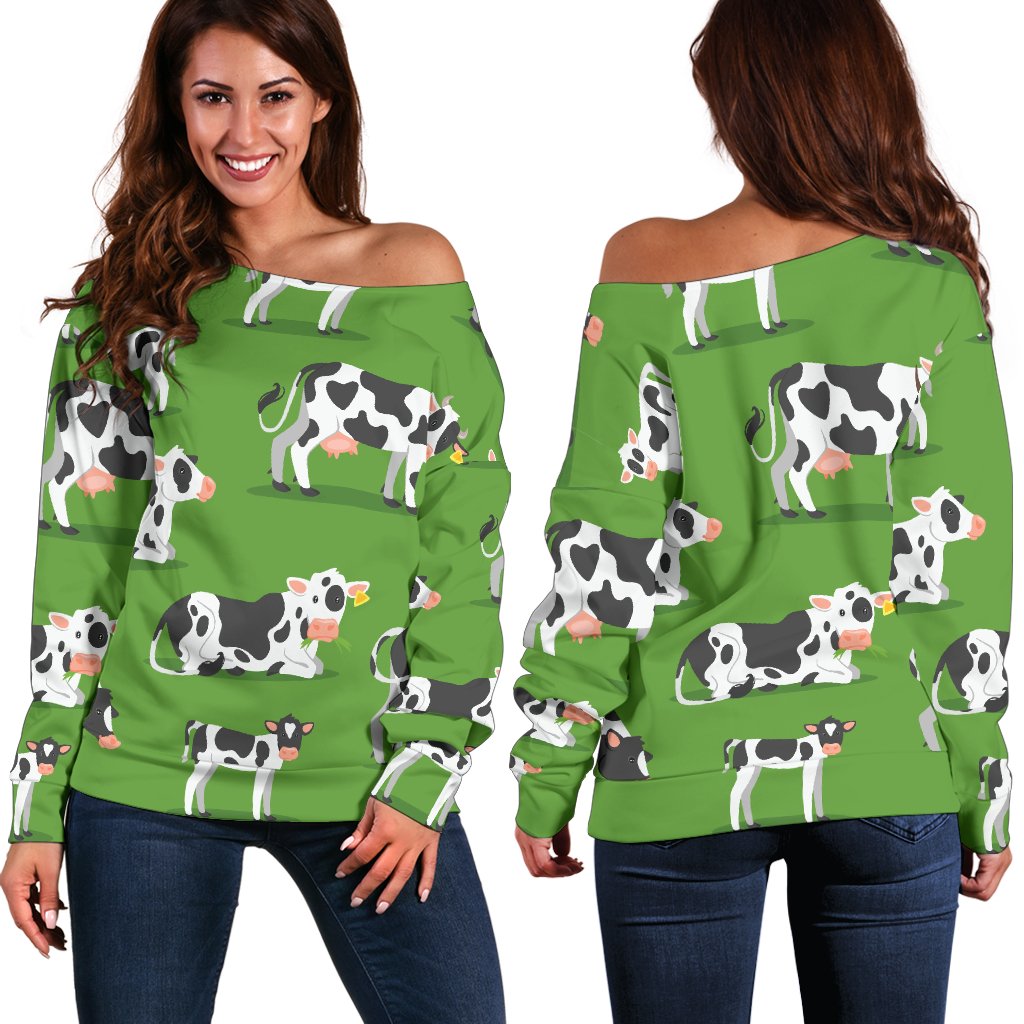 Cow Happy Print Pattern Off Shoulder Sweatshirt