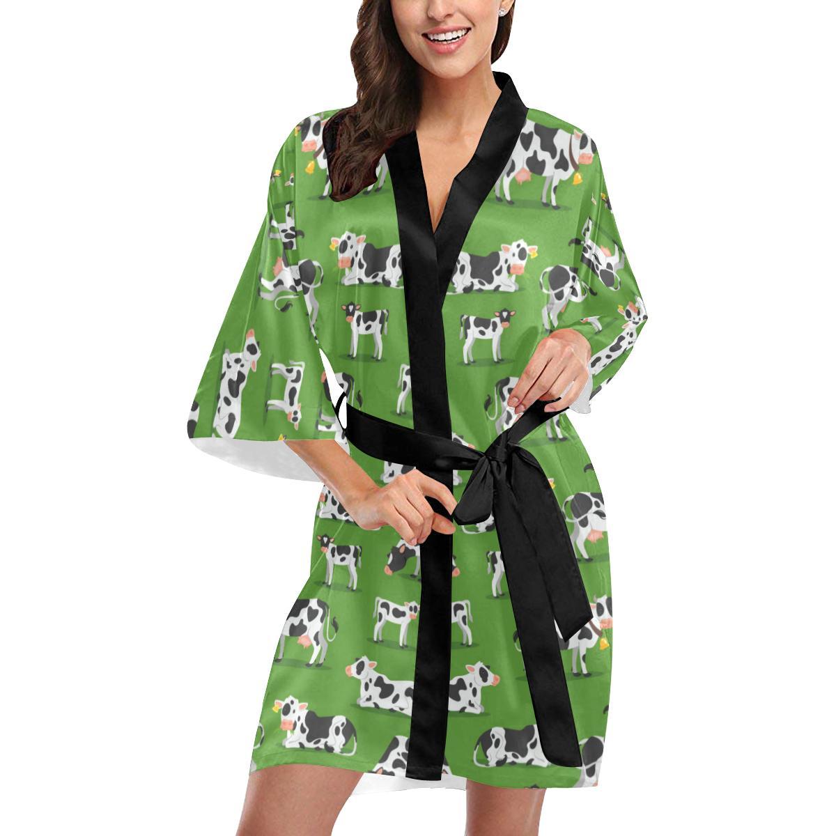 Cow Happy Print Pattern Women Short Kimono Robe