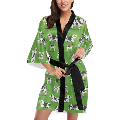 Cow Happy Print Pattern Women Short Kimono Robe