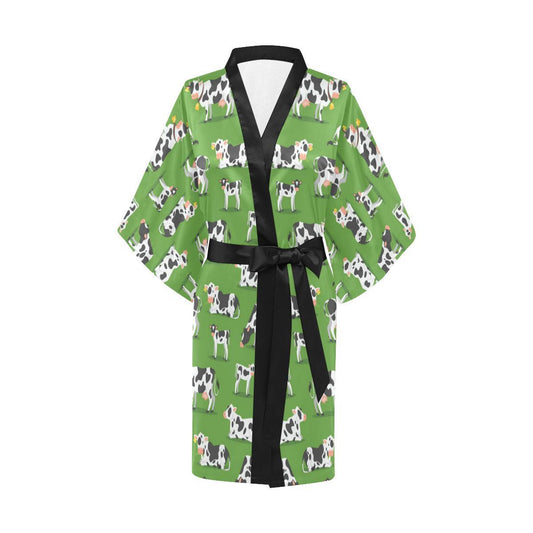 Cow Happy Print Pattern Women Short Kimono Robe