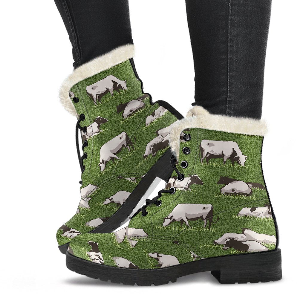 Cow on Grass Print Pattern Faux Fur Leather Boots-JTAMIGO.COM
