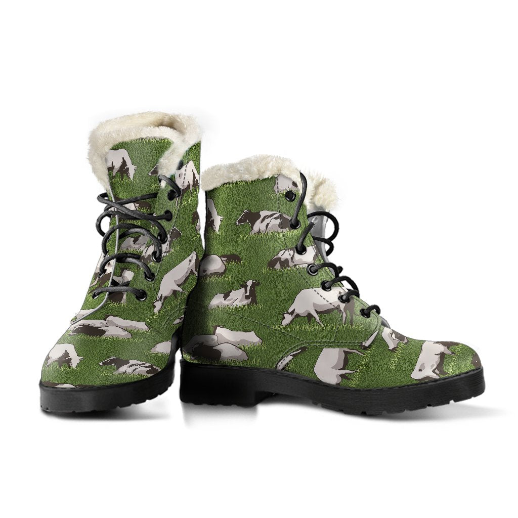 Cow on Grass Print Pattern Faux Fur Leather Boots-JTAMIGO.COM