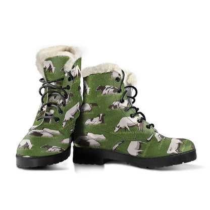 Cow on Grass Print Pattern Faux Fur Leather Boots-JTAMIGO.COM