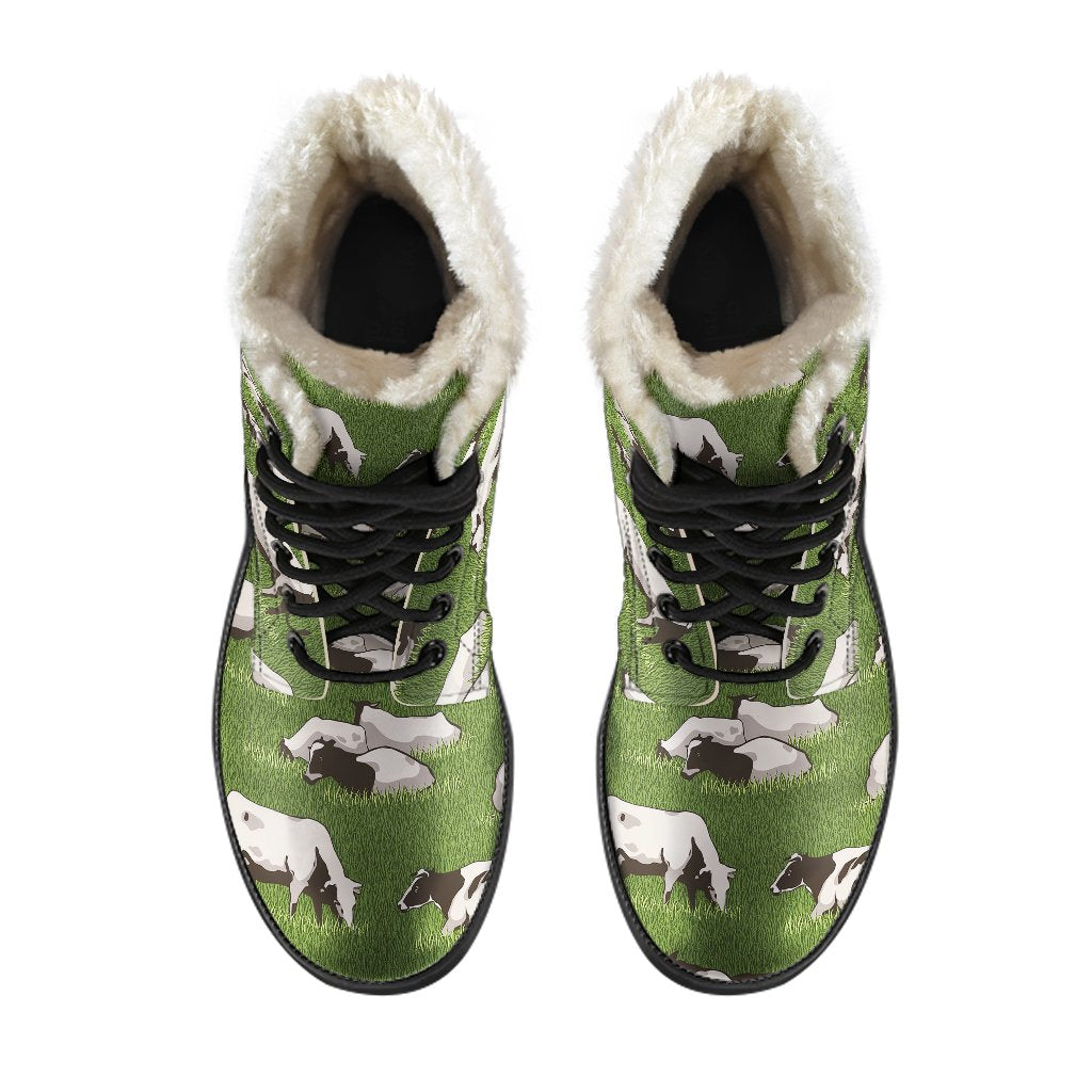 Cow on Grass Print Pattern Faux Fur Leather Boots-JTAMIGO.COM