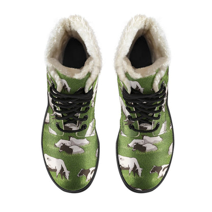 Cow on Grass Print Pattern Faux Fur Leather Boots-JTAMIGO.COM