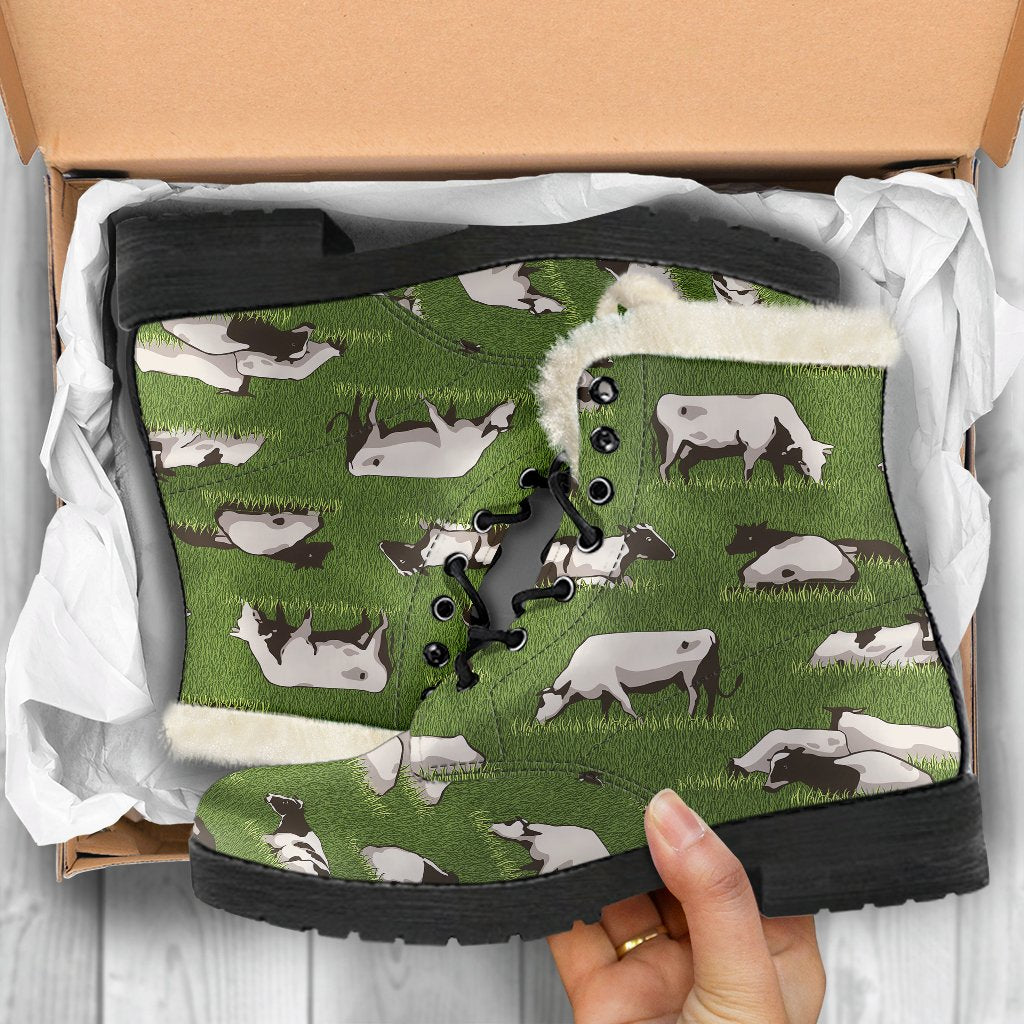 Cow on Grass Print Pattern Faux Fur Leather Boots-JTAMIGO.COM