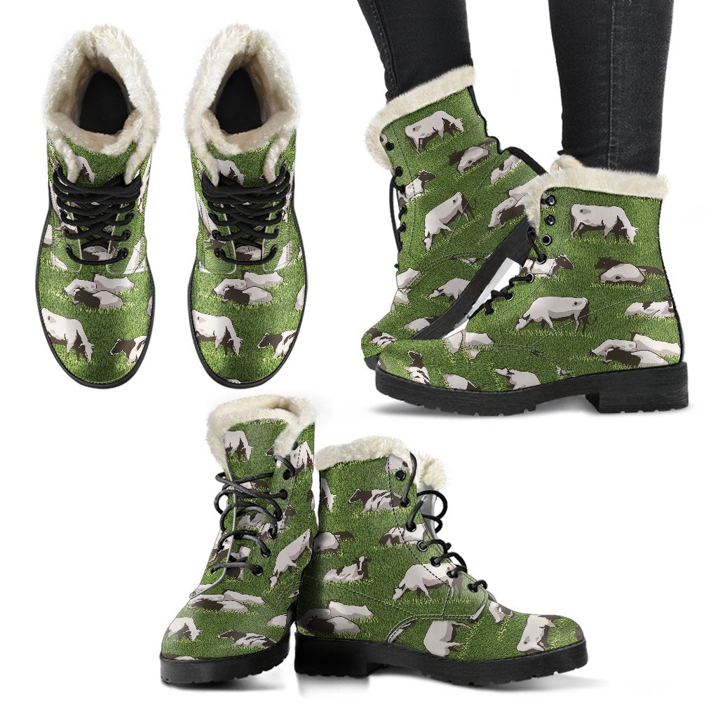 Cow on Grass Print Pattern Faux Fur Leather Boots-JTAMIGO.COM