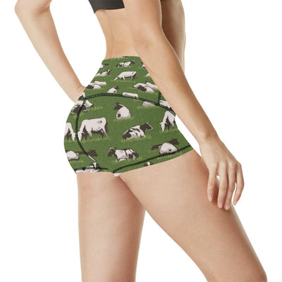 Cow on Grass Print Pattern High Waisted Spandex Shorts-JTAMIGO.COM