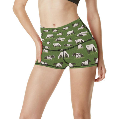 Cow on Grass Print Pattern High Waisted Spandex Shorts-JTAMIGO.COM