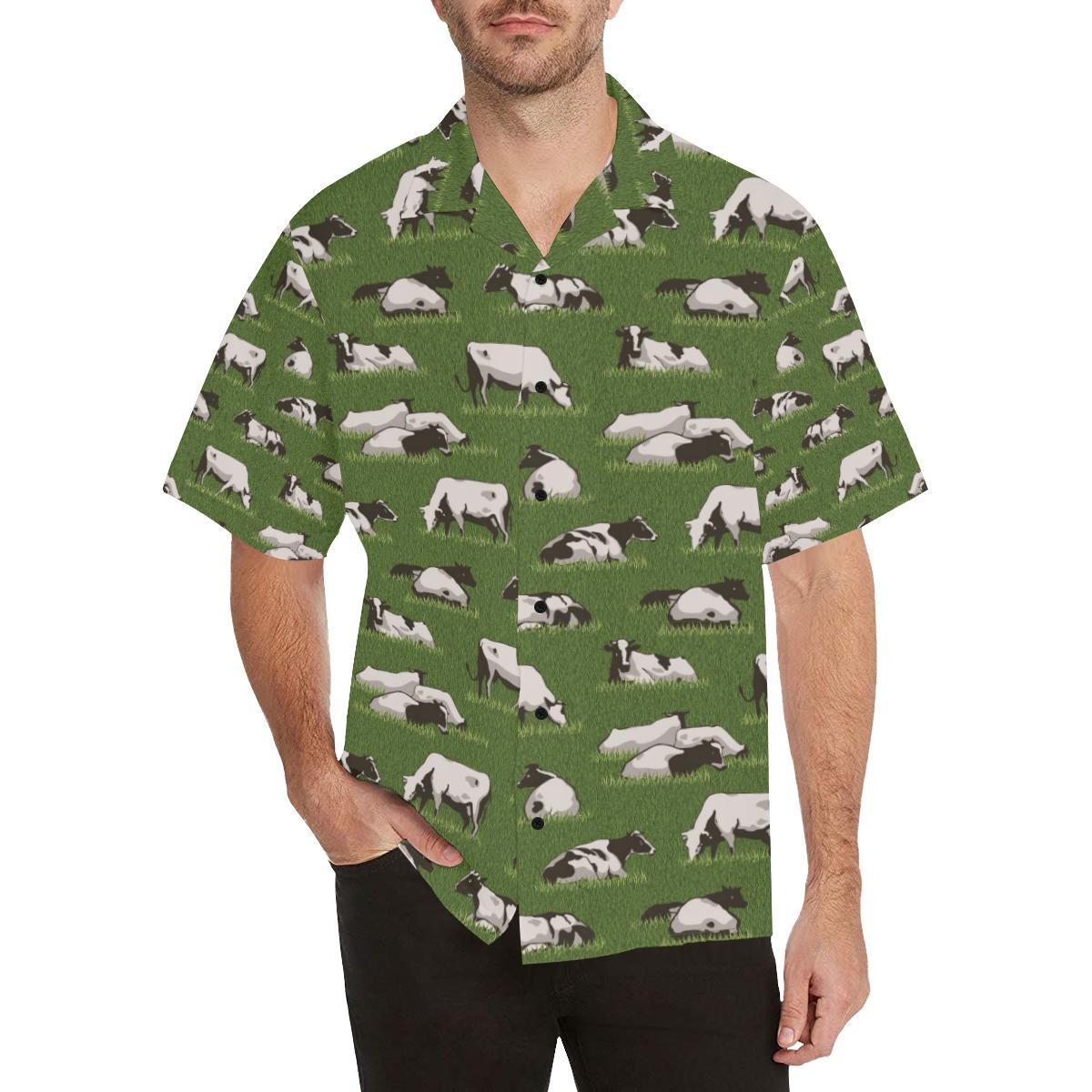 Cow on Grass Print Pattern Men Aloha Hawaiian Shirt