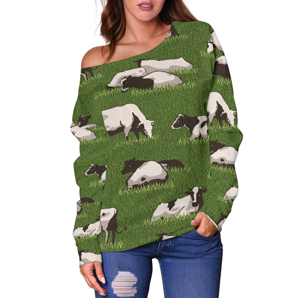 Cow on Grass Print Pattern Off Shoulder Sweatshirt
