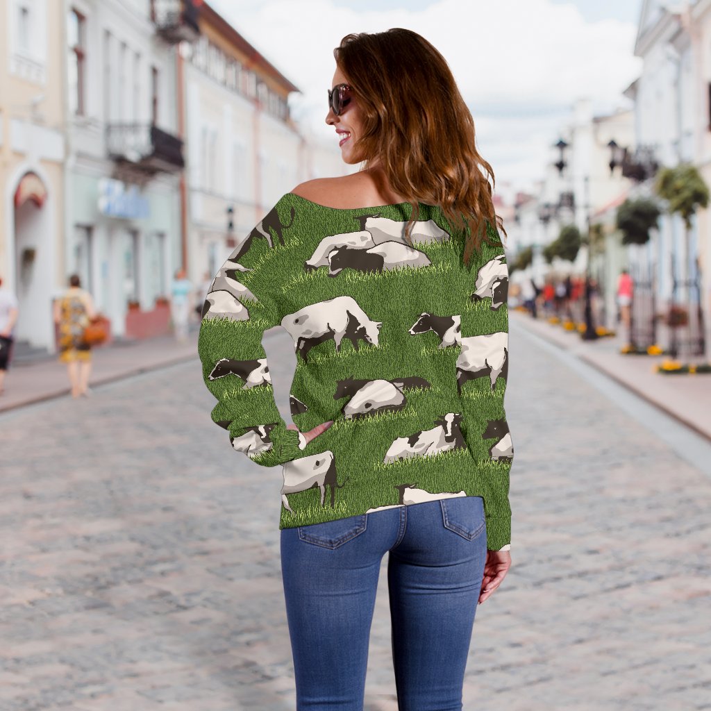 Cow on Grass Print Pattern Off Shoulder Sweatshirt