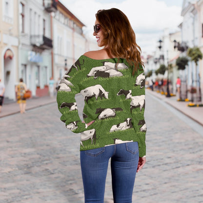 Cow on Grass Print Pattern Off Shoulder Sweatshirt
