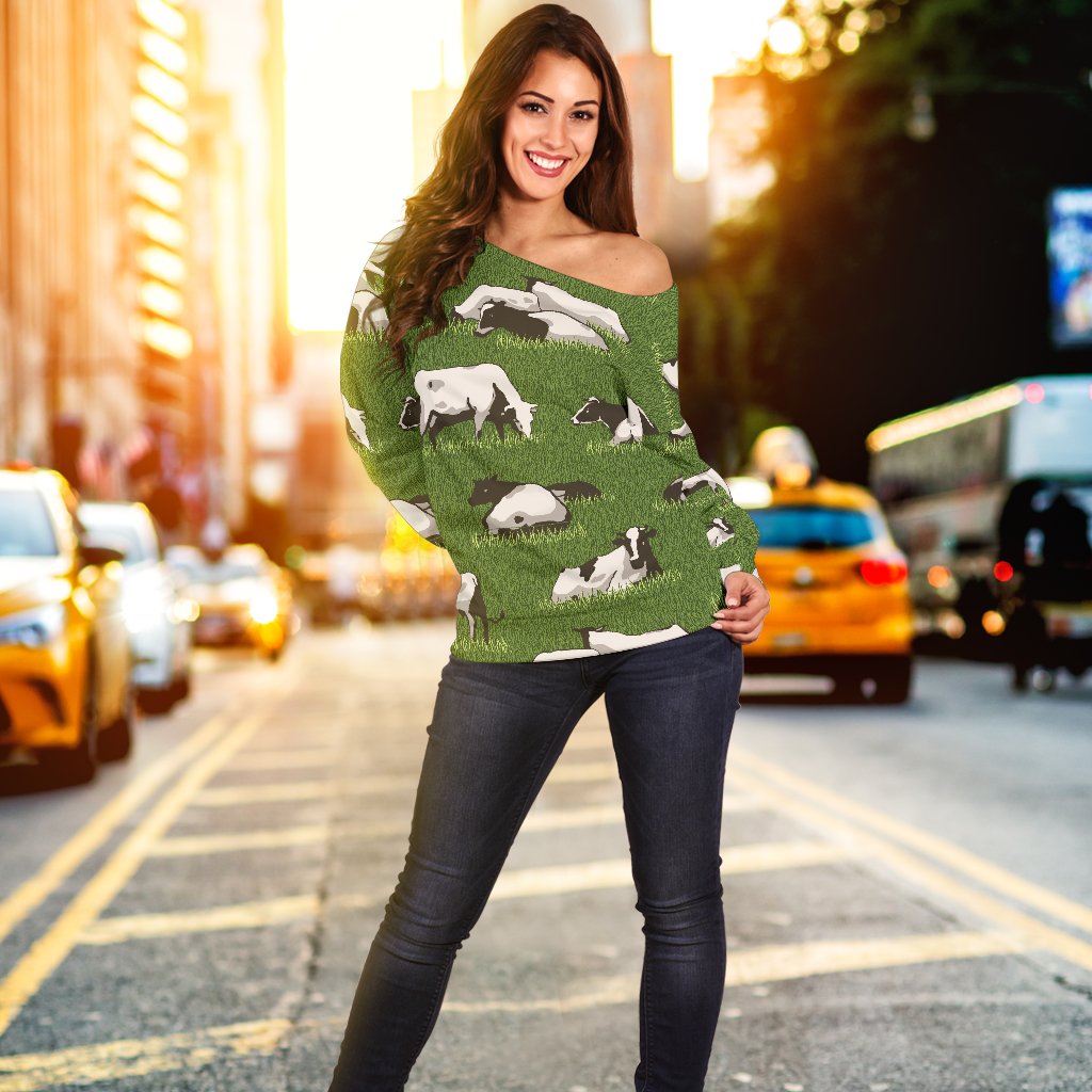 Cow on Grass Print Pattern Off Shoulder Sweatshirt