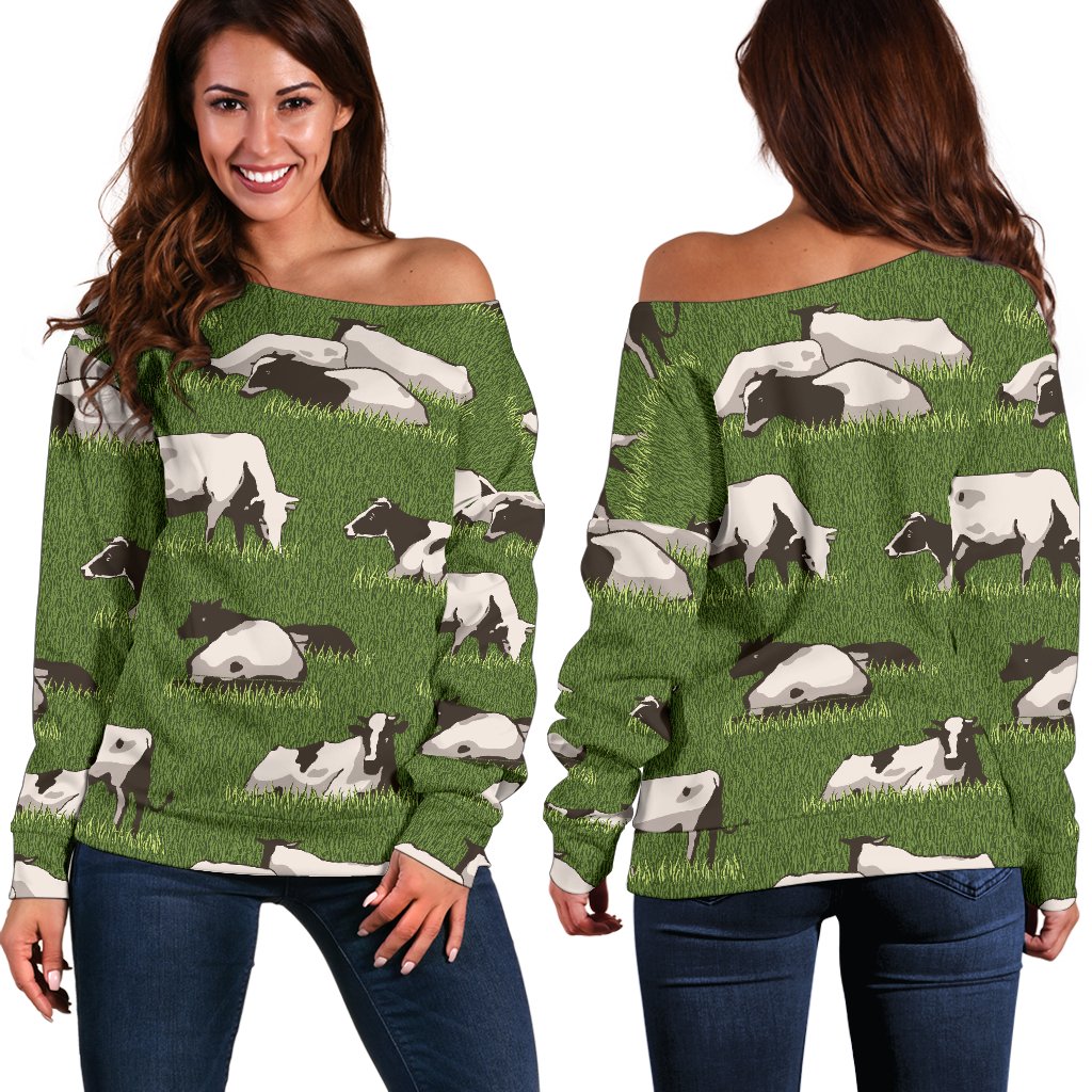 Cow on Grass Print Pattern Off Shoulder Sweatshirt