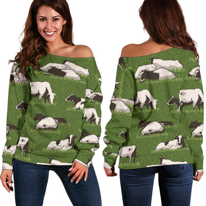 Cow on Grass Print Pattern Off Shoulder Sweatshirt
