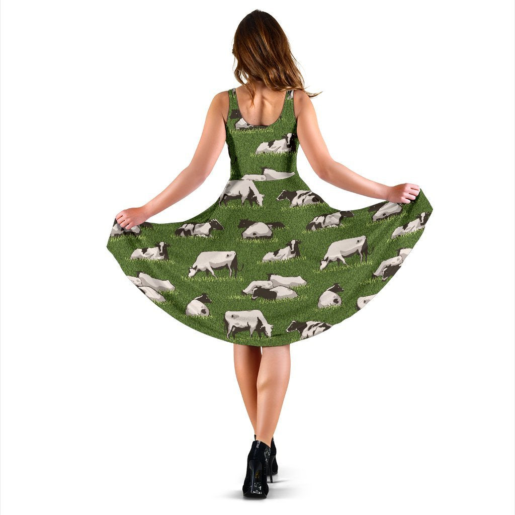 Cow On Grass Print Pattern Sleeveless Dress