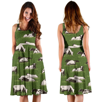 Cow On Grass Print Pattern Sleeveless Dress