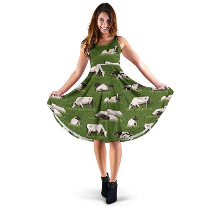 Cow On Grass Print Pattern Sleeveless Dress
