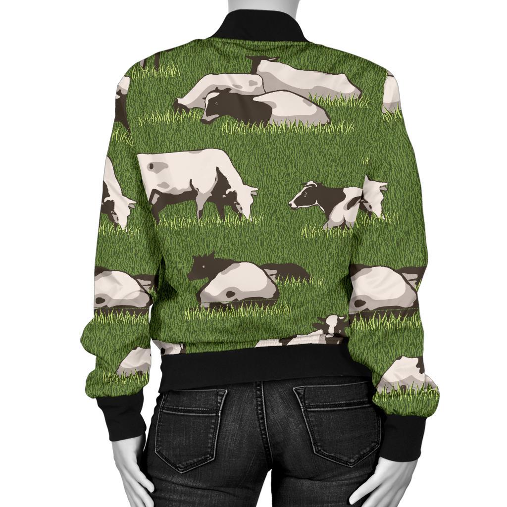 Cow on Grass Print Pattern Women Casual Bomber Jacket