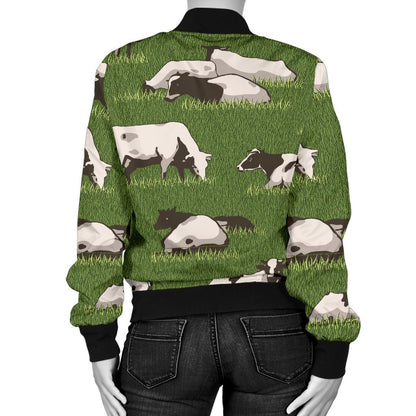 Cow on Grass Print Pattern Women Casual Bomber Jacket