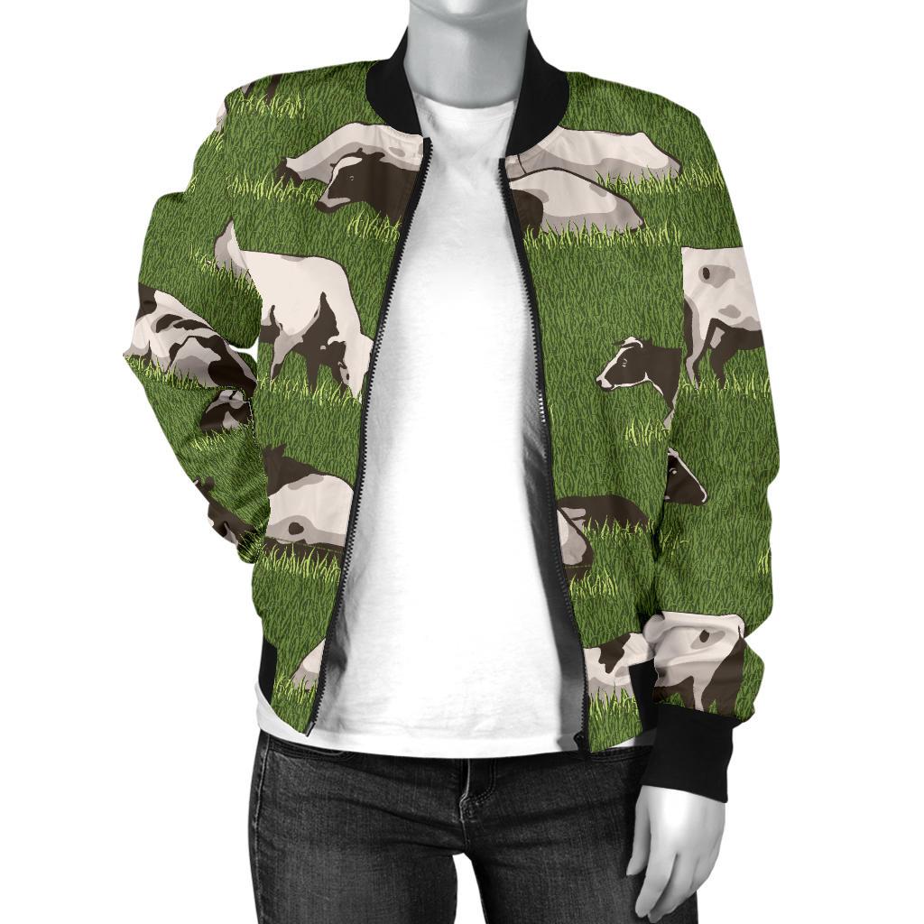 Cow on Grass Print Pattern Women Casual Bomber Jacket