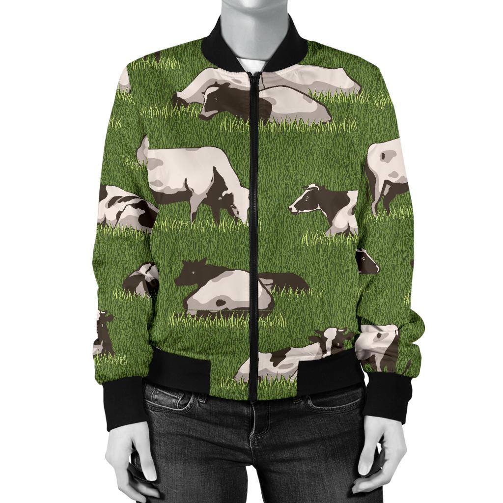 Cow on Grass Print Pattern Women Casual Bomber Jacket