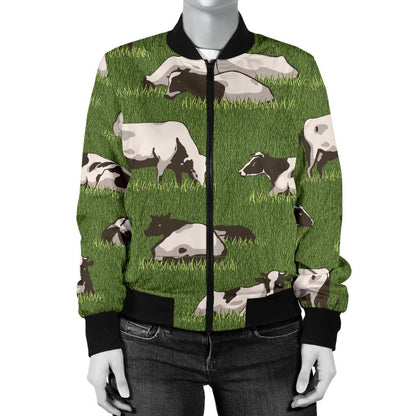 Cow on Grass Print Pattern Women Casual Bomber Jacket