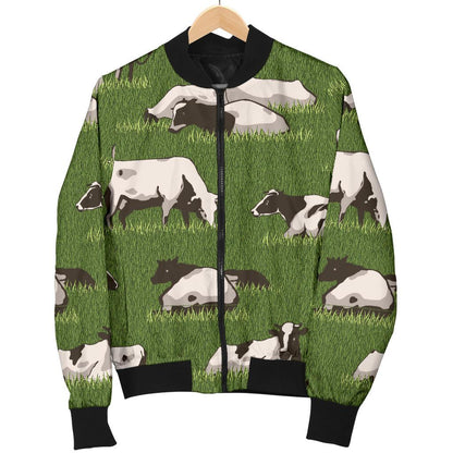 Cow on Grass Print Pattern Women Casual Bomber Jacket