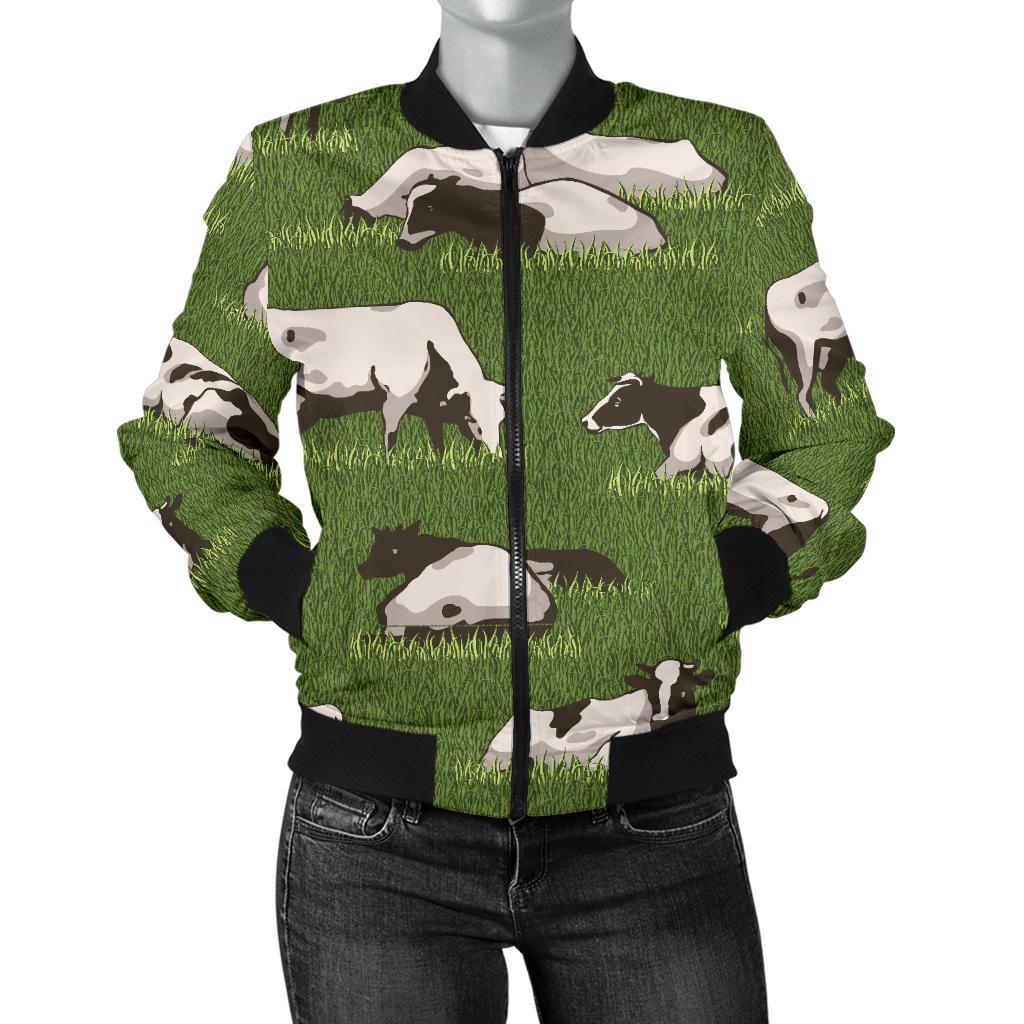 Cow on Grass Print Pattern Women Casual Bomber Jacket