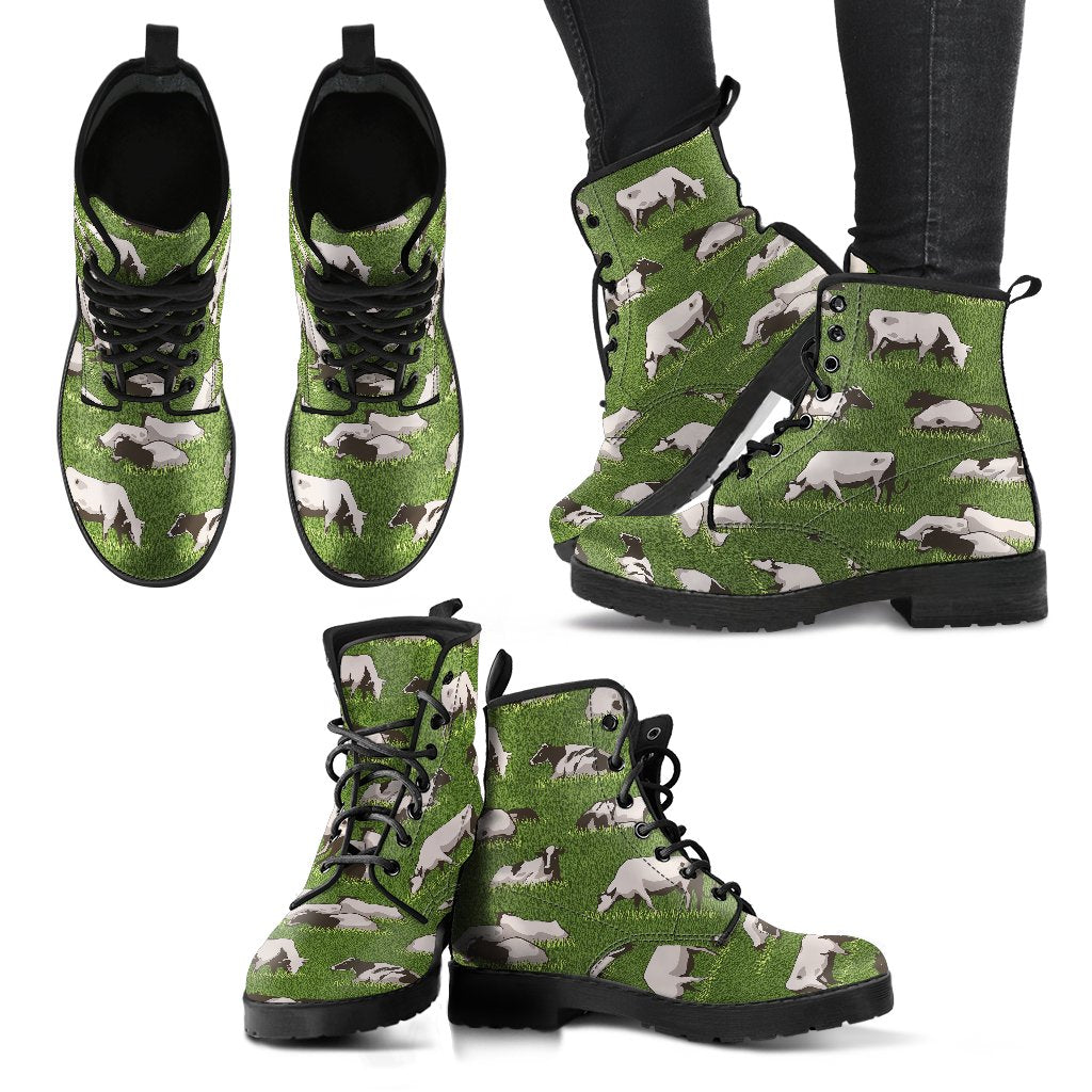 Cow on Grass Print Pattern Women Leather Boots-JTAMIGO.COM