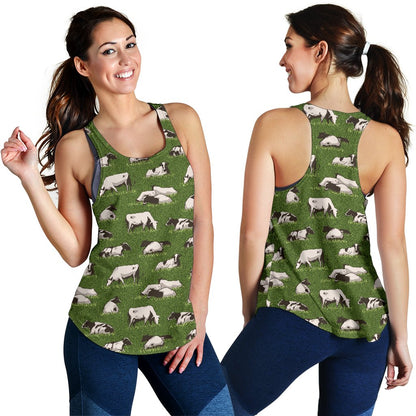 Cow on Grass Print Pattern Women Racerback Tank Top