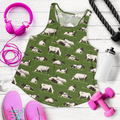 Cow on Grass Print Pattern Women Racerback Tank Top