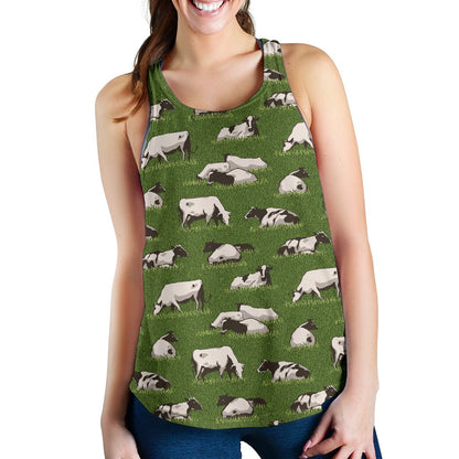 Cow on Grass Print Pattern Women Racerback Tank Top