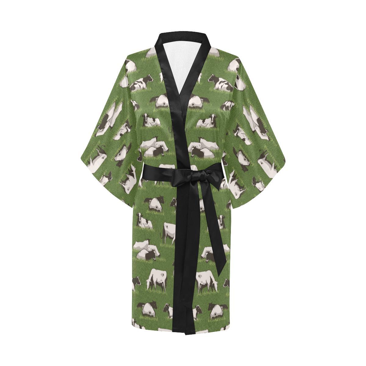 Cow on Grass Print Pattern Women Short Kimono Robe