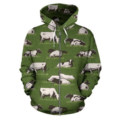 Cow on Grass Print Pattern Zip Up Hoodie