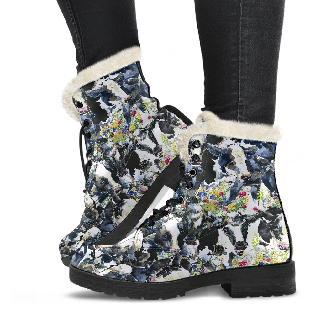 Cow Watercolor Print Pattern Faux Fur Leather Boots-JTAMIGO.COM