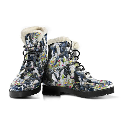 Cow Watercolor Print Pattern Faux Fur Leather Boots-JTAMIGO.COM